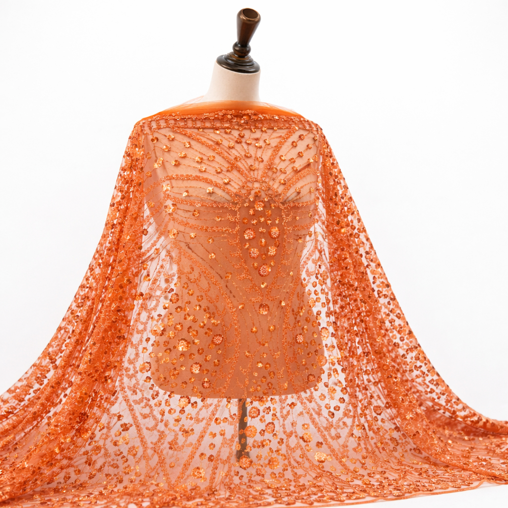 Quality Orange Embroidered Sequin Net Lace Fabric with Decorative Pattern